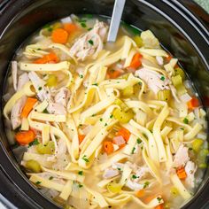 a crock pot filled with chicken noodle soup