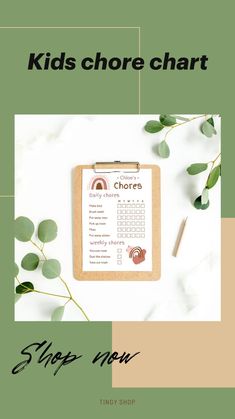 a clipboard with the words shop now on it next to some plants and leaves