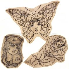 three drawings of women with flowers on their heads and one has an angel above her head