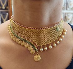 22K Gold Choker Necklace with Color Stones & Culture Pearls - 235-GN5168 in 35.850 Grams Gold Choker Necklace Indian, Desi Attire, Temple Jewelry Necklace, Bridal Necklace Designs, Choker Designs, 22k Gold Jewelry