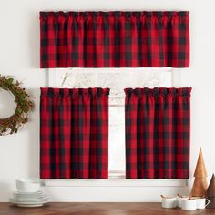 a red and black plaid kitchen window curtain