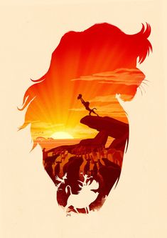 the lion king movie poster is shown in red, orange and yellow tones with an image of simba's face