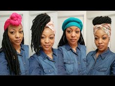 Head Scarf Styles For Dreadlocks, Dreadlock Hairstyles With Scarf, How To Style Faux Locs With A Scarf, Headwrap With Ponytail, Short Locs With Head Wraps, How To Style Faux Locs Hairstyles With Scarf, Head Wrap Scarf With Braids, Wrapping Locs Head Scarfs, Headwraps For Locs