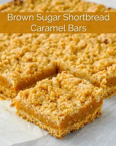 brown sugar shortbread caramel bars are cut into squares and stacked on top of each other