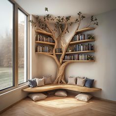 a tree shaped bench in front of a window with bookshelves on the wall