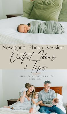 the newborn photographer is taking pictures with his family on their bed and in front of him