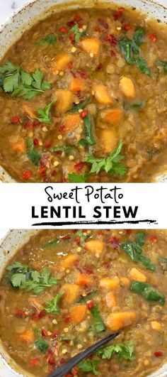 two pictures of lentil stew with carrots and spinach