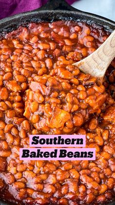 baked beans in a cast iron skillet with text overlay that reads easy southern baked beans