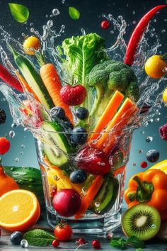 fresh fruits and vegetables splashing into water