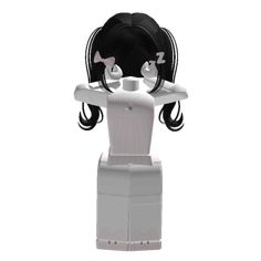 a white and black robot with long hair on it's head, standing in front of a white background