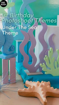 an underwater themed birthday photo shoot with under the sea theme and text that reads, 1st birthday photoshoot themes under the sea theme