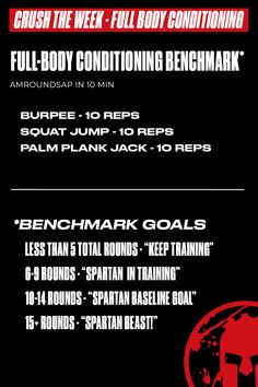 the back side of a black and white poster with red lettering on it, which reads crush the week full body conditioning benchmark