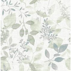 a white and green floral wallpaper with leaves on the back drop in shades of blue