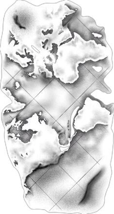 a drawing of some water and clouds in black and white, with the shape of a map