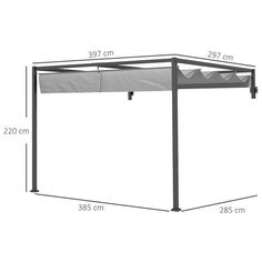 an outdoor shelter with measurements for the top and side walls, shown in black on a white background