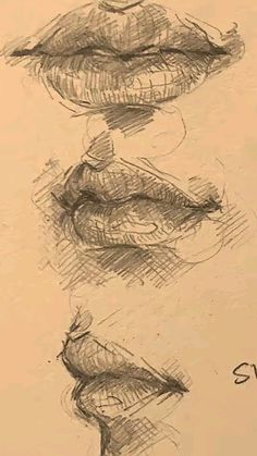 three different views of the same mouth and lips, one is drawn in graphite