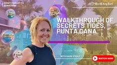 a woman standing in front of a palm tree with the words walk through secrets tides, punta cana