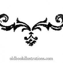 an old book illustrations logo with swirls and scrolls on it's side, in black ink