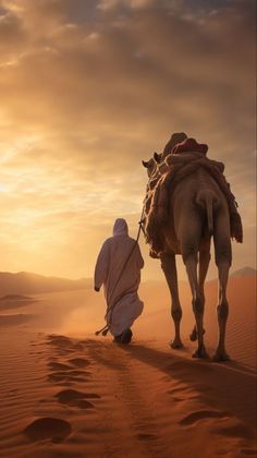 a man leading a camel in the desert