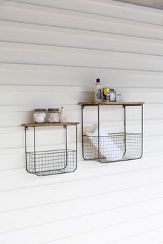 wire basket shelves, the feathered farmhouse Wire Basket Shelves, Wire Wall Basket, Wall Storage Shelves, Metal Baskets, Wire Basket, Rustic Shelves, Basket Shelves, Wall Storage, Hanging Shelves