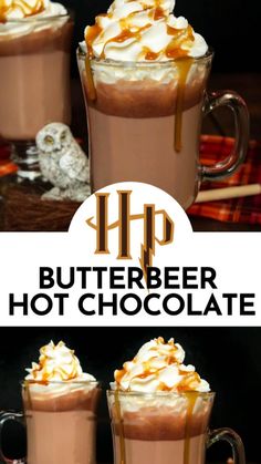 two cups filled with hot chocolate and topped with whipped cream