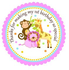 a monkey and giraffe birthday sticker with the words thank for making my 1st birthday