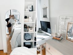 two photos side by side one shows a bedroom and the other shows a woman standing in front of a bed