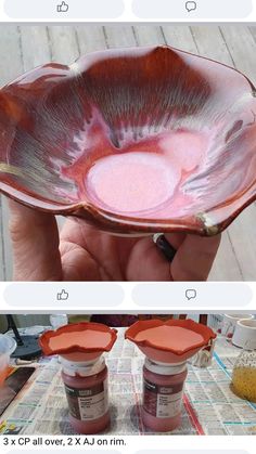 two pictures showing the process of making an art glass bowl with red clay and pink paint