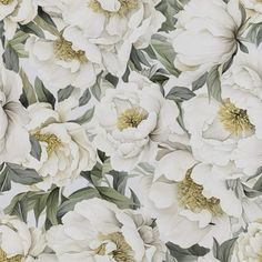 white flowers with green leaves and stems on a white wallpaper background that looks like fabric