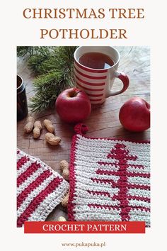 a crocheted christmas tree potholder with apples and nuts on the table next to it