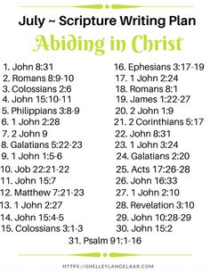 an image of the bible's daily schedule for july - scripture writing plan abiding in christ