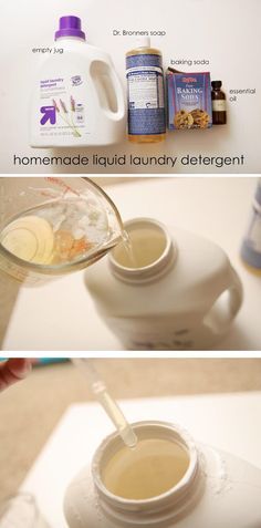 two pictures showing how to make homemade liquid laundry detergent