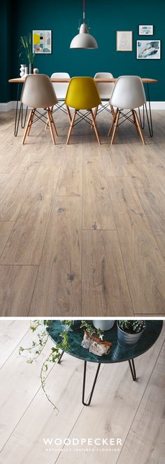 an image of a dining room setting with teal walls and wood flooring that looks like it has been painted