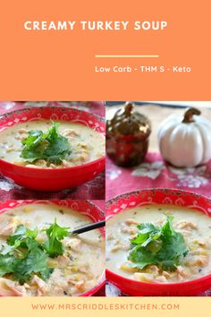 three pictures of creamy turkey soup in red bowls