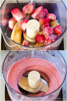 strawberries, bananas and other fruit in a food processor to make strawberry smoothie