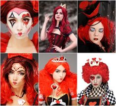 four different pictures of women with makeup and costumes on their faces, including red hair