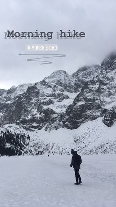 a person walking in the snow with mountains in the background and text reading morning hike