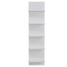 a tall white shelf with four shelves on each side and one section open to reveal the contents