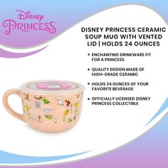 the disney princess ceramic soup mug with vented lid holds 24 ounces is shown