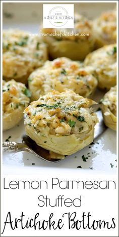 lemon parmesan stuffed artichoke bottoms on a white plate with a spoon