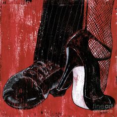 a painting of a pair of black high heeled shoes on a red background canvas print