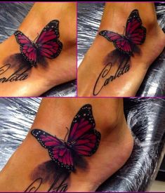 a woman's foot with a butterfly tattoo on it