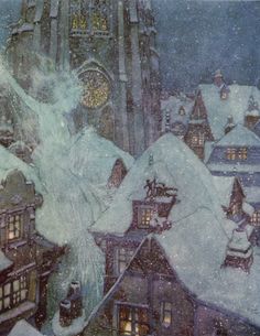 a painting of a snowy town with buildings and a clock on it's face