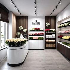 a flower shop with flowers on display in the front and behind it's counter