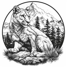 an ink drawing of a white tiger sitting on top of a rock in front of mountains