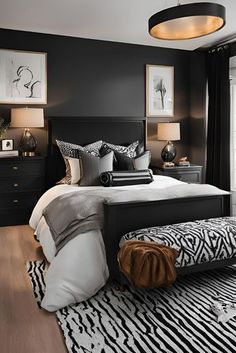 a black and white bedroom with zebra print rug