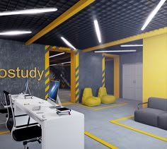 an office with yellow and gray accents