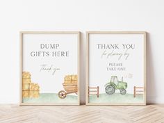 two framed pictures with farm animals on them, one saying dump gifts here and the other saying thank you