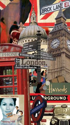 a collage of british landmarks and street signs