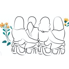 three women sitting next to each other in front of flowers